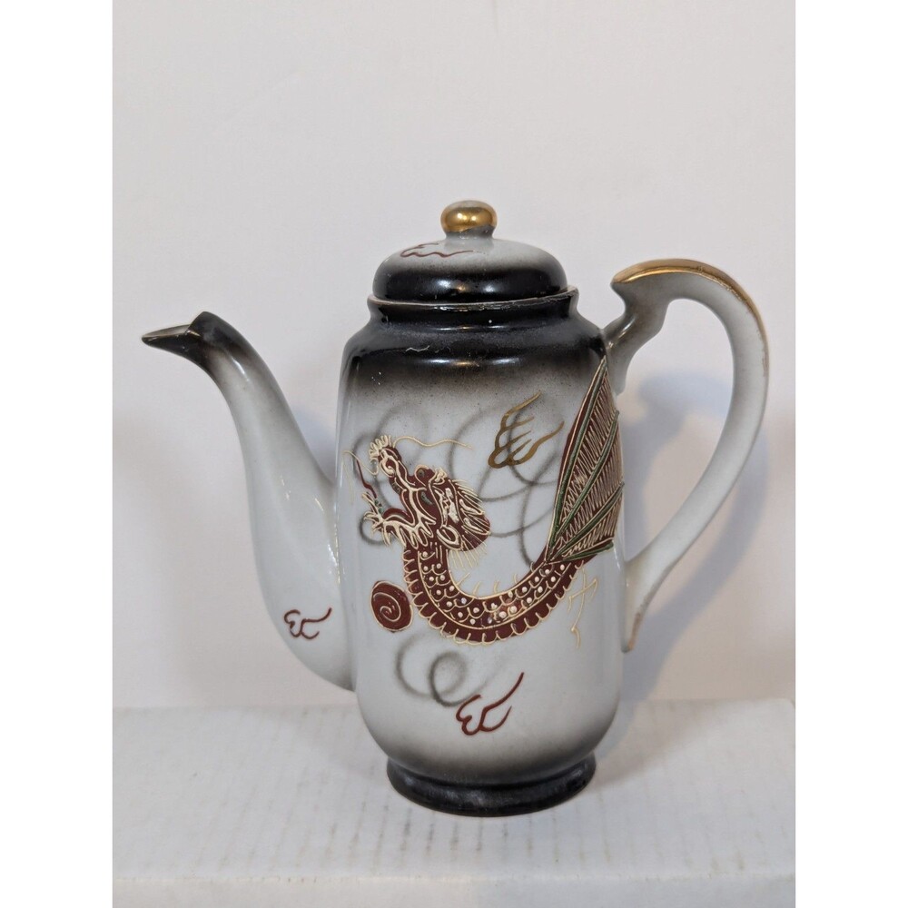 Japanese Moriage Dragonware Teapot Black Ceramic Gold Trim Vintage 1pc